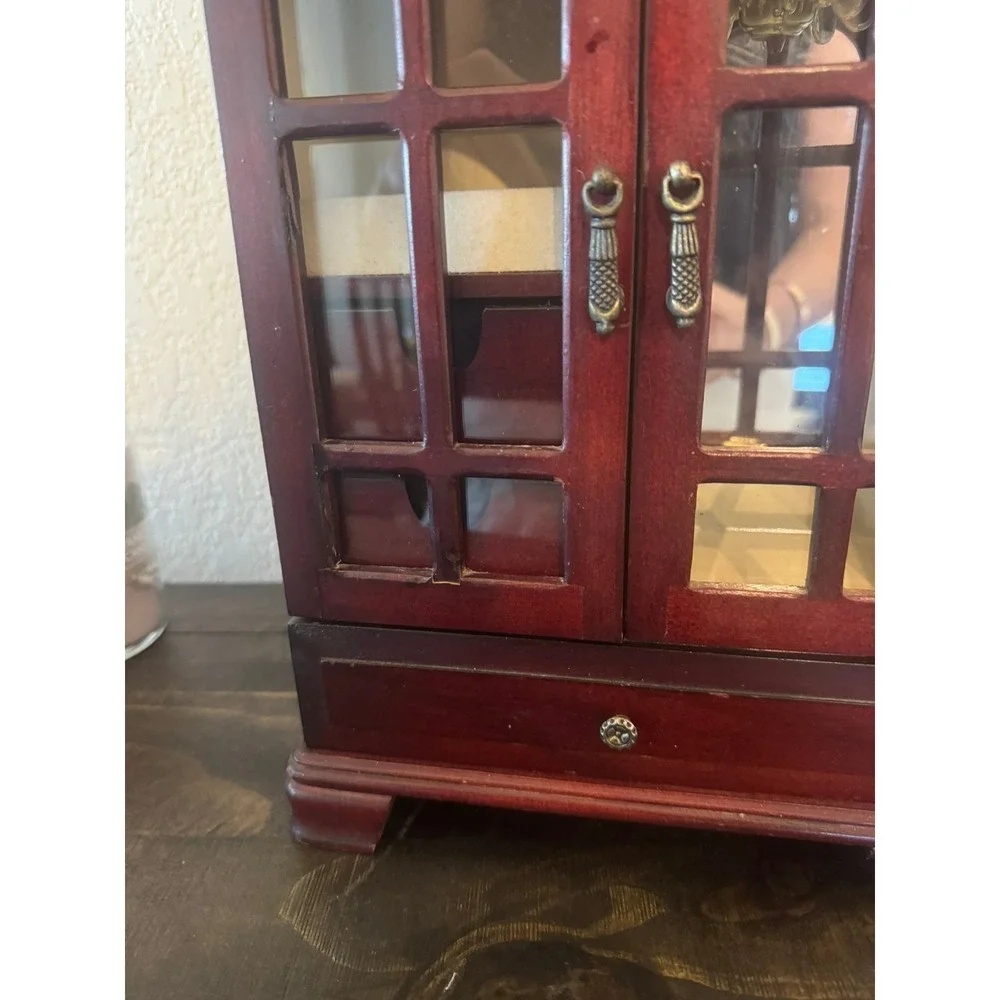 Vintage Wooden Jewelry Armoire Cherry Finish Glass Doors Necklace Carousel Box